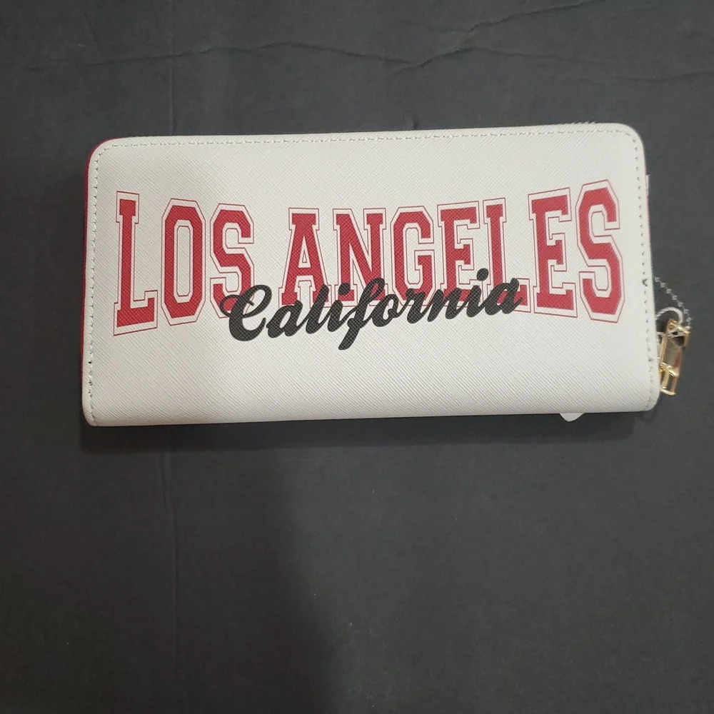 Los‎ Angeles California white coated canvas zip around red trim wallet brand new